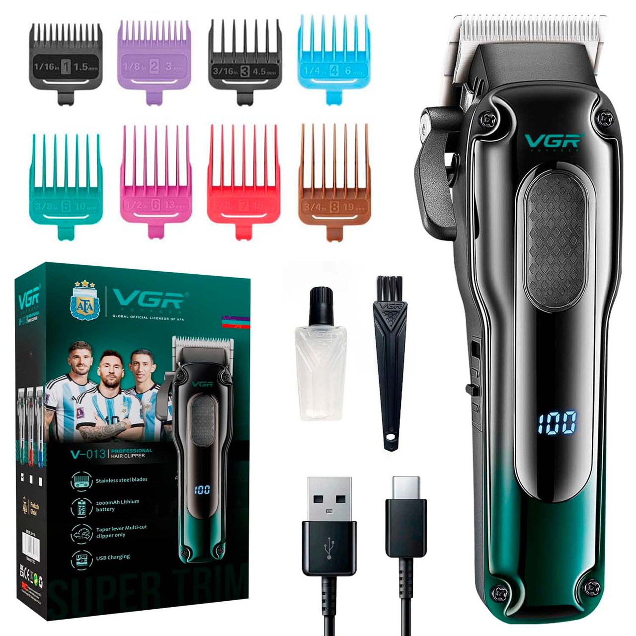 Акумуляторна машинка для стрижки (8 насадок), USB, VGR V-013, Зелений / Тример для стрижки
