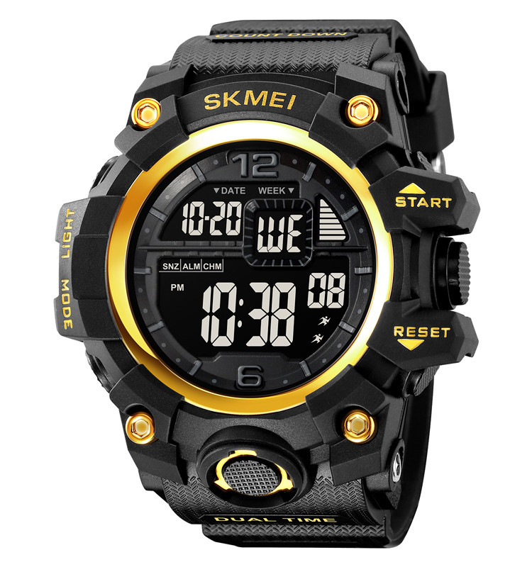 Skmei 2245 — чоловічий масивний спортивний годинник чорний/золото