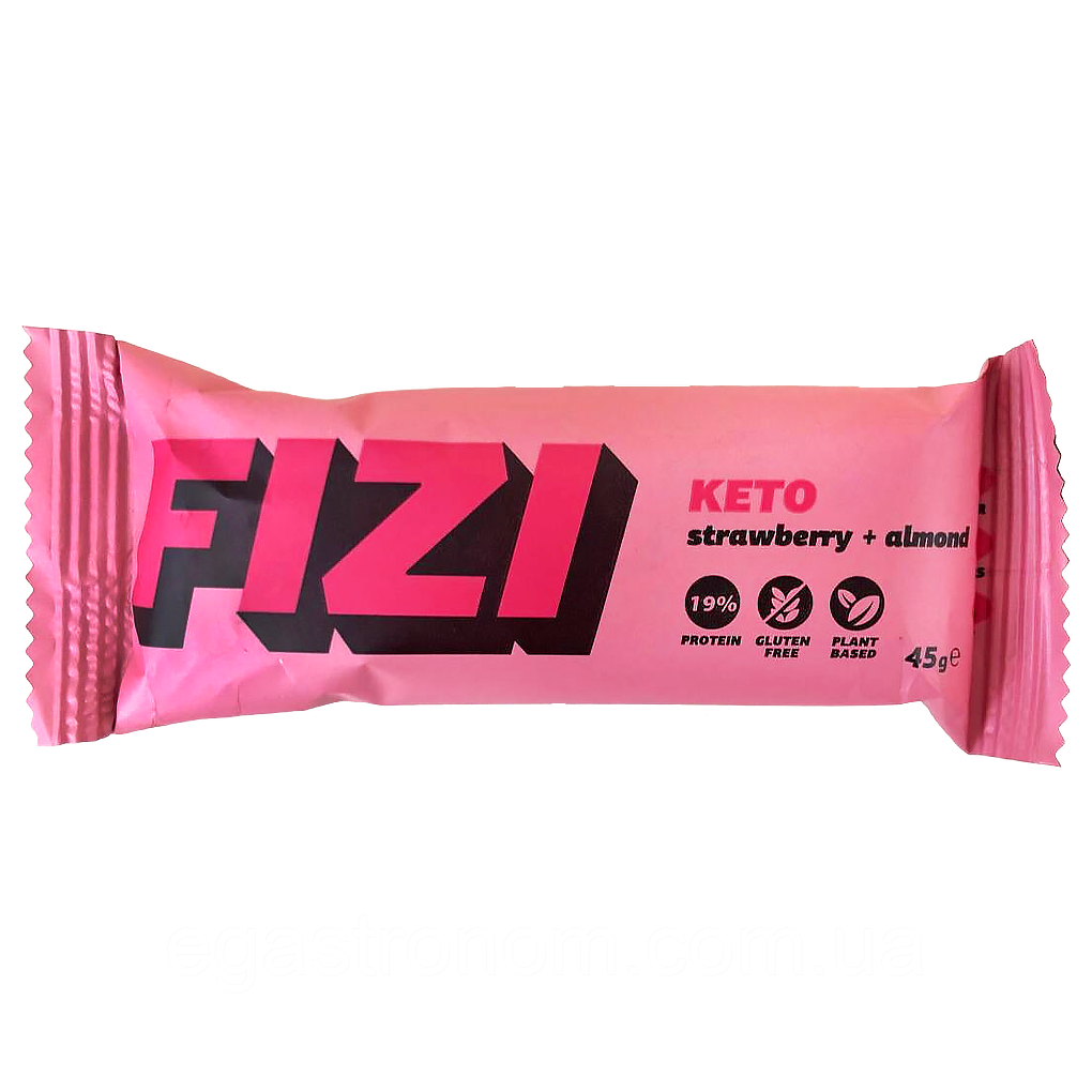 Батончик протеїновий полуниця мигдаль (без цукру) Фізі Fizi strawberry almond 45g 10шт/ящ (Код: 00-00017509), фото 1