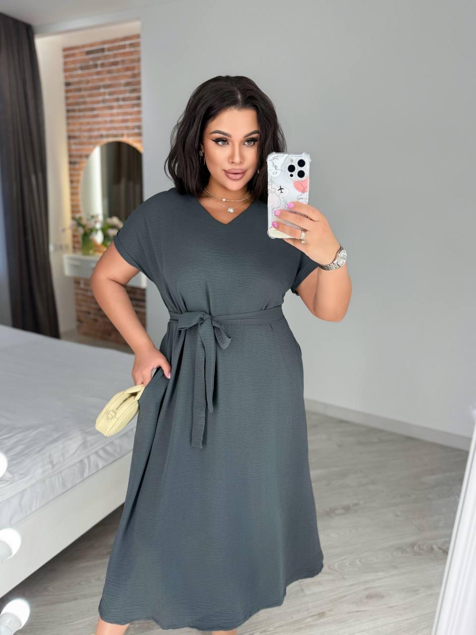 Графітове вільне літнє плаття міді з поясом із жатого крепу батал, фото 1