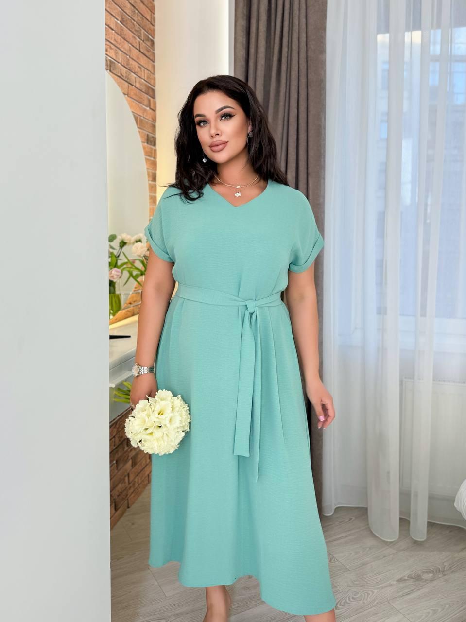 Бірюзове вільне літнє плаття міді з поясом із жатого крепу батал, фото 1
