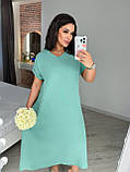 Бірюзове вільне літнє плаття міді з поясом із жатого крепу батал, фото 5