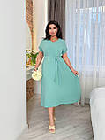 Бірюзове вільне літнє плаття міді з поясом із жатого крепу батал, фото 3