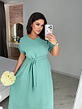 Бірюзове вільне літнє плаття міді з поясом із жатого крепу батал, фото 2