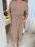 Кавове вільне літнє плаття міді з поясом із жатого крепу батал, фото 4