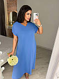 Синє вільне літнє плаття міді з поясом із жатого крепу батал, фото 6