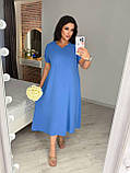 Синє вільне літнє плаття міді з поясом із жатого крепу батал, фото 4