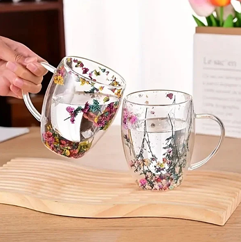 Чашка прозора з подвійним дном, набір прозорих чашок із сухоцвітами 2 шт