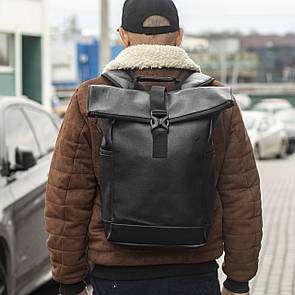 Чорний міський рюкзак RollTop Barrel з екошкіри молодіжний для подорожей РоллТоп на 20 - 25 л