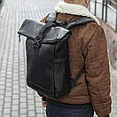 Чорний міський рюкзак RollTop Barrel з екошкіри молодіжний для подорожей РоллТоп на 20 - 25 л, фото 6