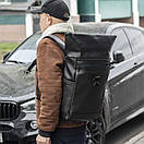 Чорний міський рюкзак RollTop Barrel з екошкіри молодіжний для подорожей РоллТоп на 20 - 25 л, фото 7