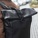 Чорний міський рюкзак RollTop Barrel з екошкіри молодіжний для подорожей РоллТоп на 20 - 25 л, фото 4