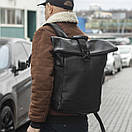 Чорний міський рюкзак RollTop Barrel з екошкіри молодіжний для подорожей РоллТоп на 20 - 25 л, фото 3