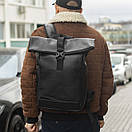 Чорний міський рюкзак RollTop Barrel з екошкіри молодіжний для подорожей РоллТоп на 20 - 25 л, фото 5