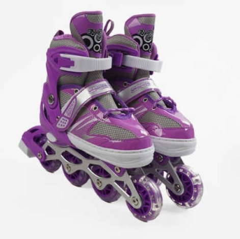 Ролики 76023 з LED-колесом, регульований розмір 29-33, чохол, фіолетового кольору, фото 1