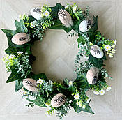 Декоративний вінок на двері Великодній: з яйцями, ромашками та весняною зеленню, 45 см