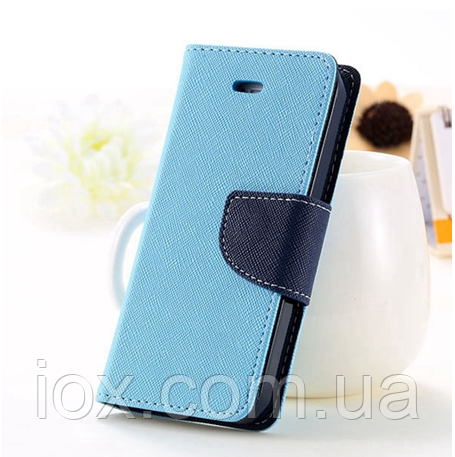 Блакитний чохол-книжка для Iphone 4/4S на магнітній застібці і з ремінцем на руку