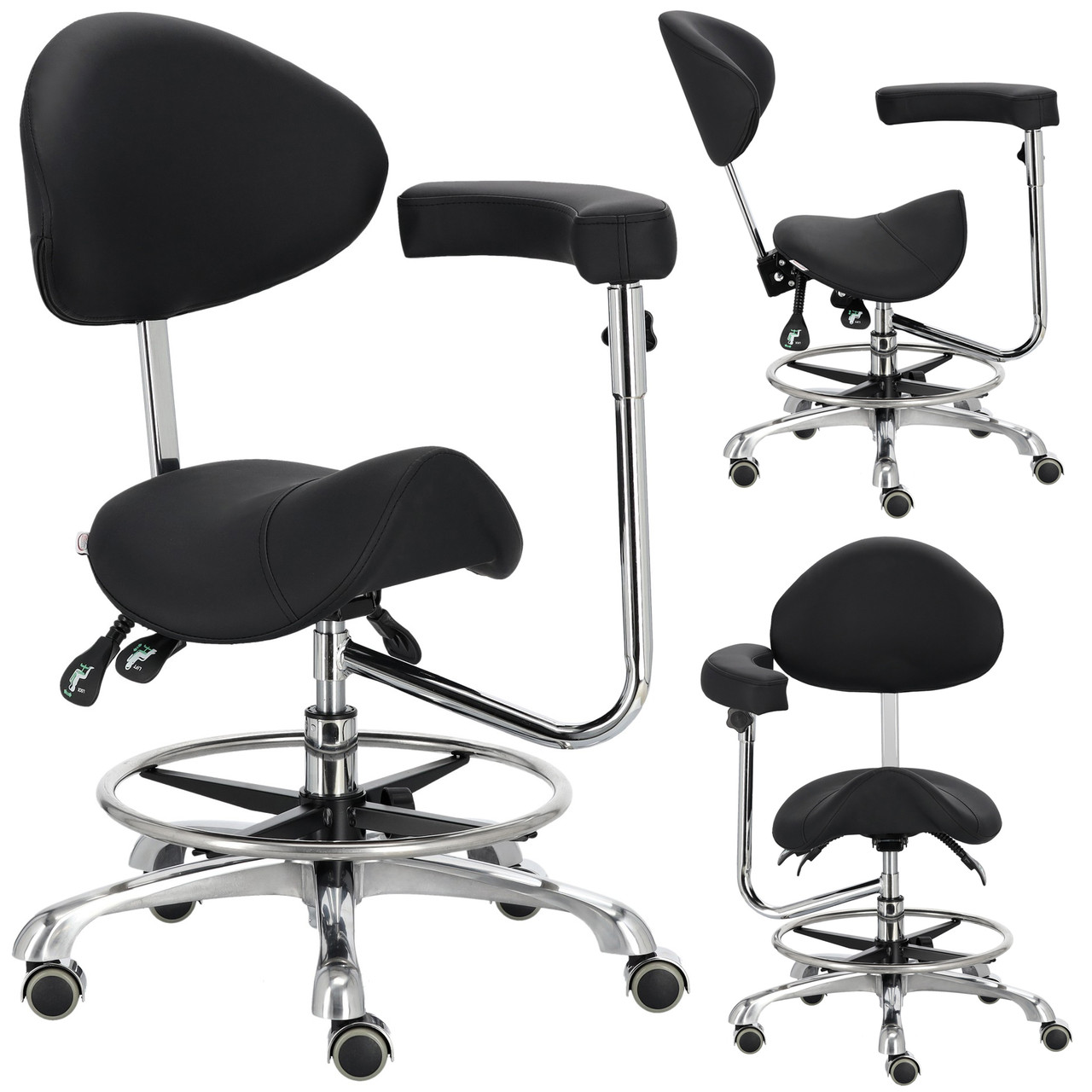 Косметичний перукарський стілець-сідло зі спинкою і підлокітниками Calissimo YH-83004D-BLACK