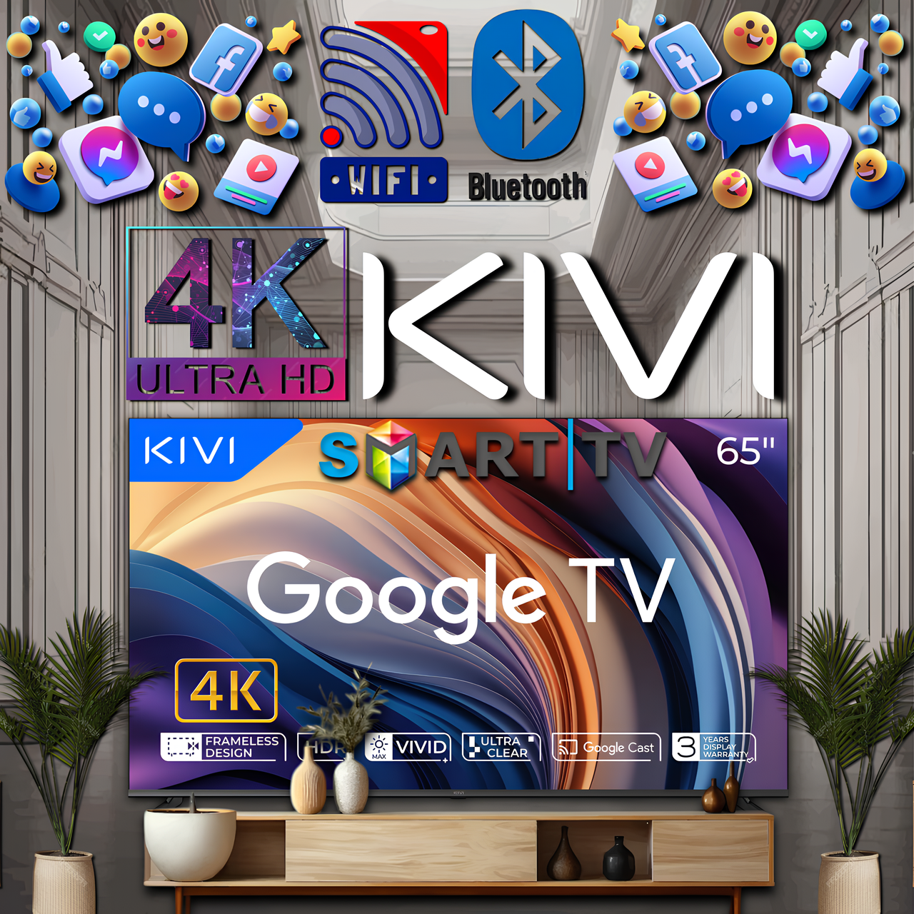 Телевізор Монітор Ківі KIVI Optima L5 HDR 65 дюйма 4К Ultra HD 3840x2160 LED Wi-Fi Smart TV Bluetooth HDMI USB, фото 1