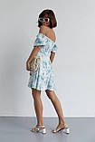 Шифонова літня жіноча сукня міні сарафан з відкритими плечима бірюза сукня з рукавами ліхтариками розмір Л, фото 3