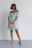 Шифонова літня жіноча сукня міні сарафан з відкритими плечима бірюза сукня з рукавами ліхтариками розмір Л, фото 6