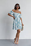 Шифонова літня жіноча сукня міні сарафан з відкритими плечима бірюза сукня з рукавами ліхтариками розмір Л, фото 8