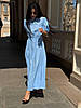 Жіноче блакитне лляне плаття з відкритою спиною, шнурівкою, еластичним поясом, довжиною  в підлогу, фото 5