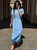 Жіноче блакитне лляне плаття з відкритою спиною, шнурівкою, еластичним поясом, довжиною  в підлогу, фото 7