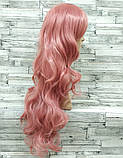 Перука рожева довга хвиляста з довгим чубчиком жіноча для жінок 80см зі штучного волосся, фото 3