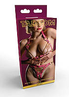 Бюстгальтер и трусики из экокожи, розовые Taboom Malibu c золотыми цепочками Амур