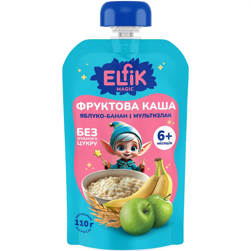 Фруктова каша Elfik Magic з яблук, мультизлакової каші та бананів 110 г, фото 1