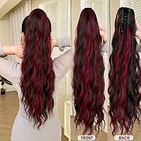 Штучний хвіст хвилястий шинйон на крабі чорний с мілеруванням вишня - 70 см