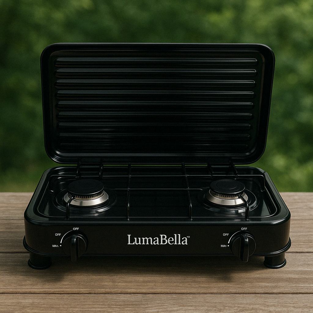 Настільна газова плита LumaBella LB-57006, 2 конфорки, 4,4 кВт, чавунні решітки, для балонного газу, з кришкою, фото 1