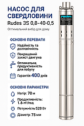 Свердловинний шнековий насос Rudes 3S 0,8-40-0,5 (напір 70м, 1.6 м³/год) для чистої води
