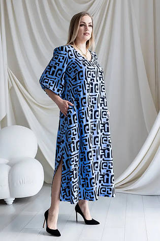 Жіноче літнє плаття батал великі розміри 50-60 зі штапелю міді вільне синє, фото 1