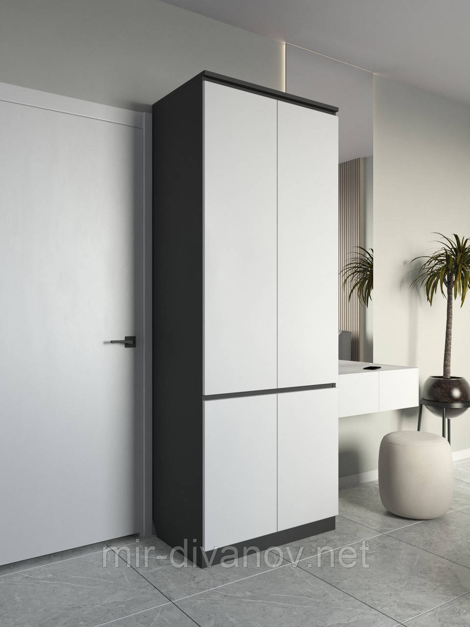 Шафа для одягу в спальню в сучасному дизайні без ручок Антрацит+білий, фото 1