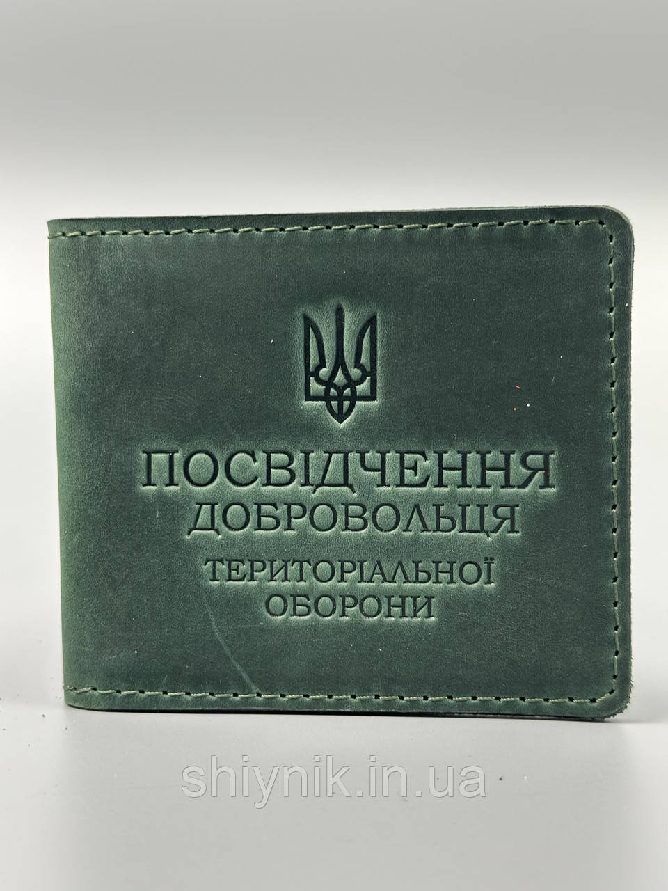 Шкіряна обкладинка для ПОСВІДЧЕННЯ ДОБРОВОЛЬЦЯ ТЕРИТОРІАЛЬНОЇ ОБОРОНИ ТРО зелена