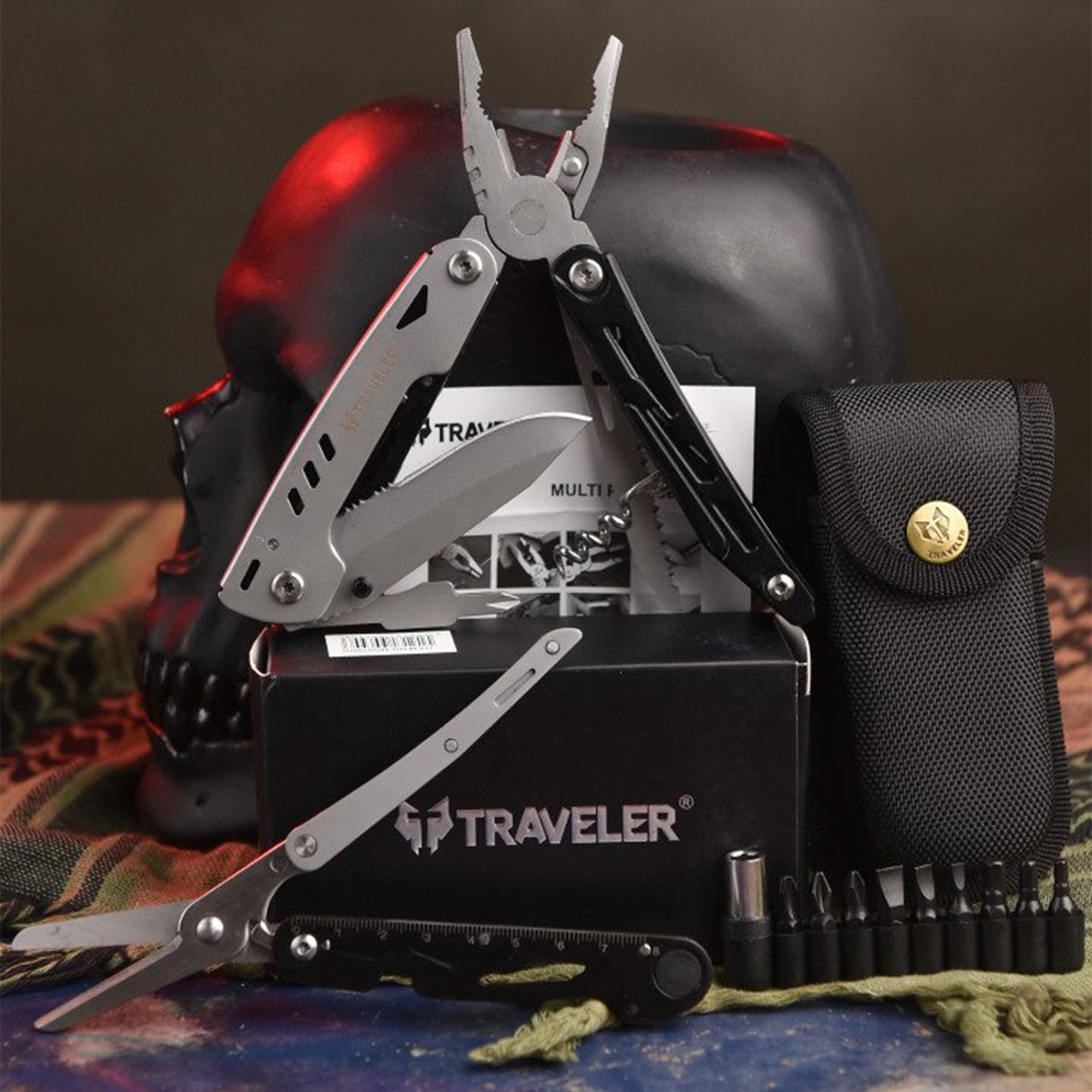 Мультитул traveler 15 в 1 функціями/ Чоловічий кишеньковий мультитул з набором біт/ Тактичний мультитул з ножем, ножицями, фото 1