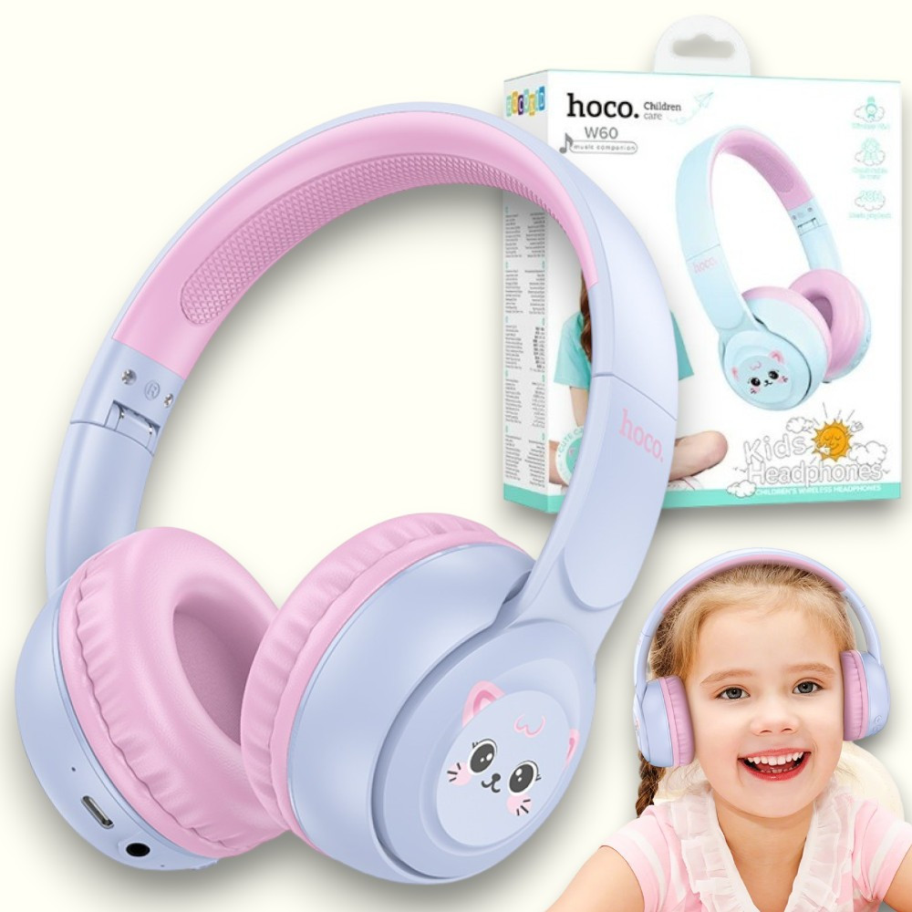 Дитячі навушники бездротові HOCO W60 Bluetooth навушники для дітей котик з мікрофоном, блакитні