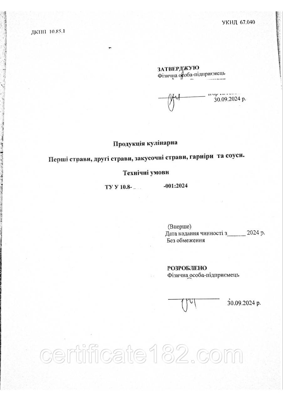 ТУ У на готові страви для виробництва, сертифікації, реалізації