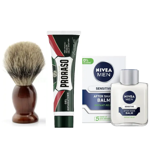 Помазок для гоління Schima з ворсом борсука + Proraso заживляючий гель 10 мл + бальзам Nivea Men Sensitive 100 мл, фото 1