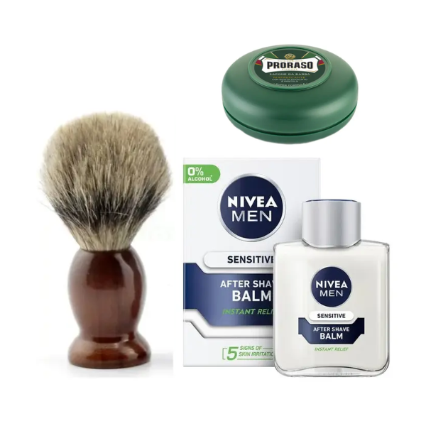 Помазок для гоління Schima з ворсом борсука + Proraso тонізуюче мило 75 мл + бальзам Nivea Men Sensitive 100 мл, фото 1