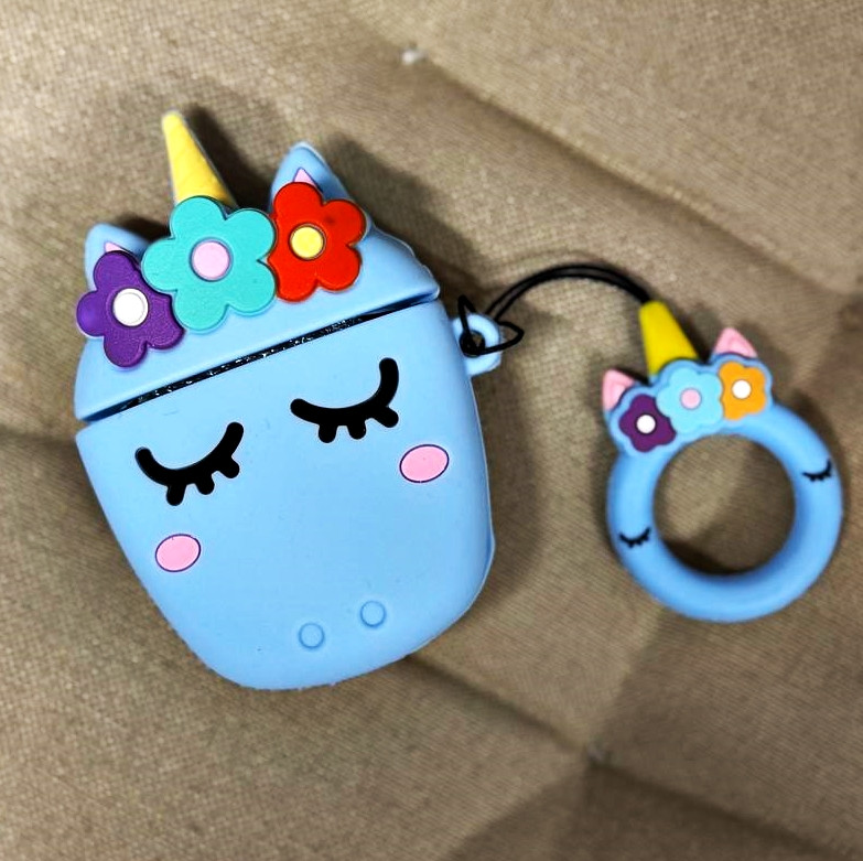 Чохол для AirPods 2/1 series - Unicorn (Єдиноріг) + кільце, силіконовий, Блакитний