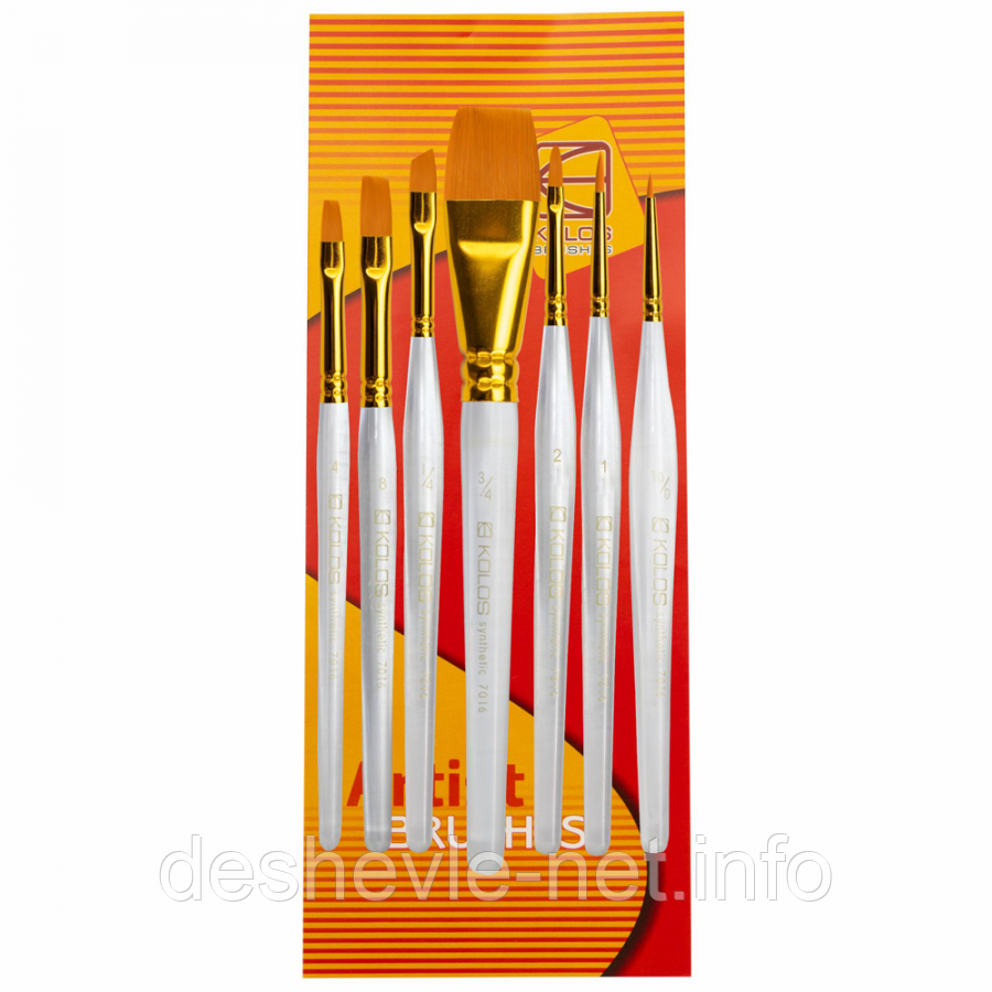 Набір пензлів 7016, синтетика круг/плос/кут/вал. 2/3/1/1шт. KOLOS