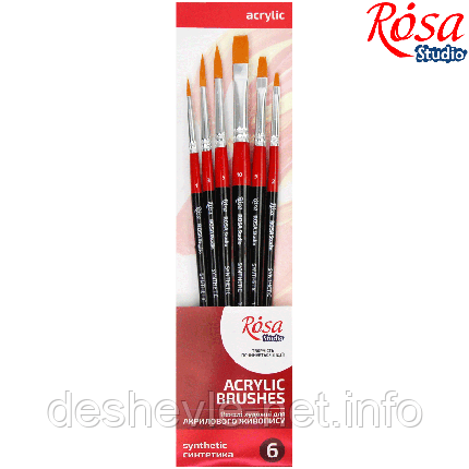 Набір пензлів 12, синтетика, 6 шт., плоска (No2,5,10), кругла (No1,3,5), к., ROSA Studio, фото 1