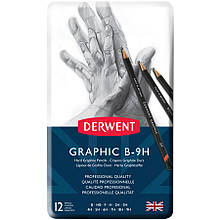 Набір графітних олівців Graphic Hard, 12 шт (B-9H), у метал. коробці, Derwent