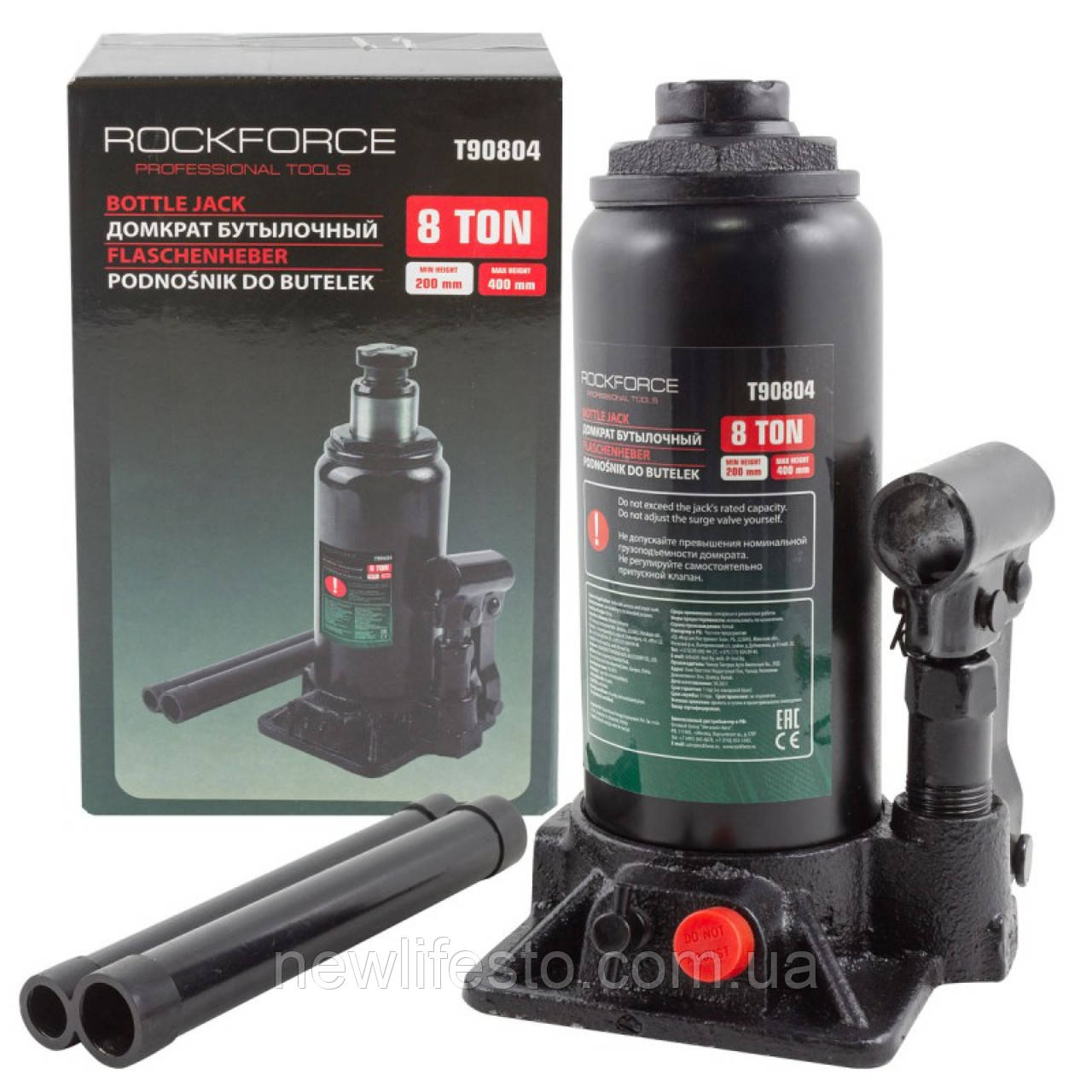 Домкрат пляшковий 8т (200-400мм) із клапаном ROCKFORCE RF-T90804 DS, фото 1