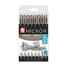 Набір лінерів PIGMA MICRON 6 шт., 1 лінер-пензель Pigma Brush + PIGMA Micron PN У ПОДАРУНОК, Sakura