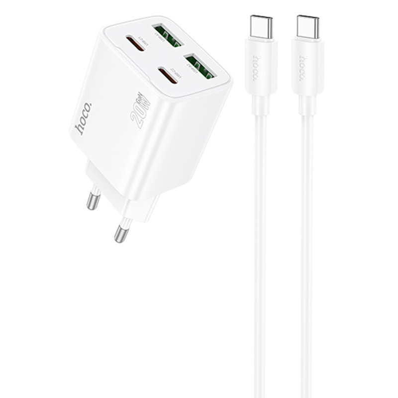 МЗП Hoco N55 Fundador PD20W four-port (2USB-A/2C) + кабель Type-C to Type-C White, фото 1