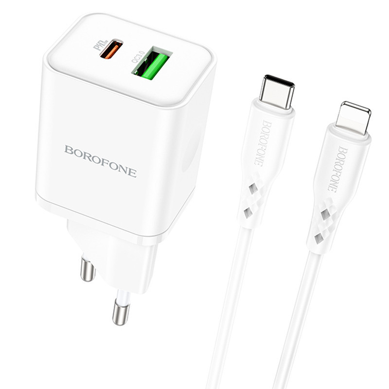 МЗП Borofone BN7 PD20W+QC3.0 (1USB-A/1C) + кабель Type-C to Lightning White, фото 1